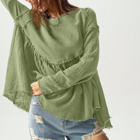 Green boho Women's Vacation Woven Loose Long Sleeve Shirt top - Picture 4 of 8